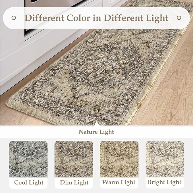 KIMODE Anti Fatigue Kitchen Mats for Floor, Boho Kitchen Rugs Sets of 2, Cushioned Kitchen Floor Mats, Comfort Standing Mat for Sink Laundry Office Desk Brown 17"x59"+17"x29"