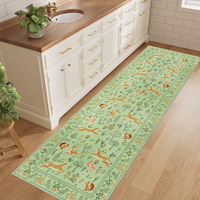 DUKINO 2.6x8 Rug for Hallway, Washable Kitchen Runner Rug with Non Slip Backing, Soft Low Pile Vintage Animal Runner for Bedroom, Kitchen, Hallway, Entryway, Laundry, Light Green