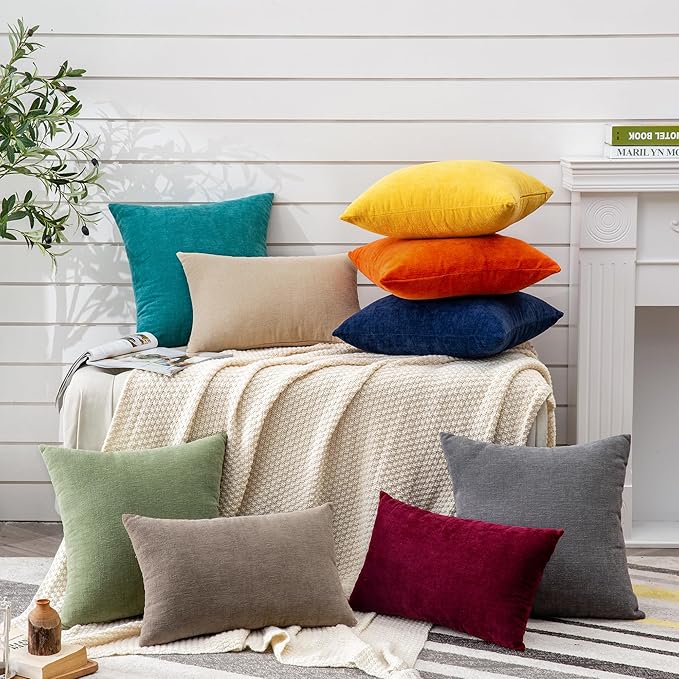 GAWAMAY Decorative Chenille Throw Pillow Covers 24x24 Inch Pack of 2, Soft Square Couch Pillow Cover for Sofa Cushion Living Room Bedroom Solid Dyed Pillowcases Sage Green 60x60cm (ONLY Covers)