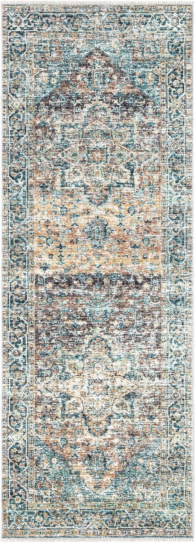 Bloom Rugs Caria Washable Non-Slip 10 ft Runner - Blue Green/Tangerine Traditional Runner for Entryway, Hallway, Bathroom, and Kitchen - Exact Size: 2'6" x 10'