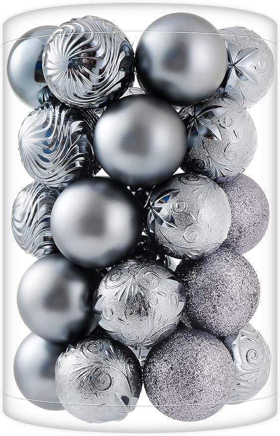 34ct Grey Christmas Ball Ornaments Shatterproof Plastic Christmas Tree Decorations for Xmas Party Home Office Holiday Decor -Medium Size (2.36"/ 60mm)
