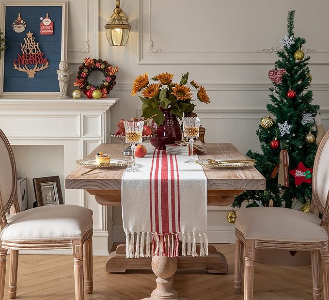 Christmas Valentines Table Runner 13 x 72 Inch for Dining Table, Boho Valentine's Day Decorations, Coffee Table Runner with Handcrafted Tassels, red and Beige Stripe Table Runner for Holiday, Winter