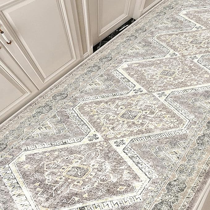 KUTA Extra Long Runner Rug for Hallway 2.6x18ft, Oriental Washable Kitchen Rugs, Ivory Grey Yellow Brown Non-Slip Stair Runners Indoor Soft Printed Vintage Carpet for Bedroom Living Room Nursery