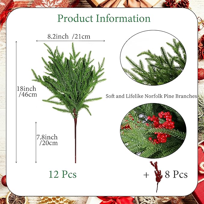 12 Pcs Artificial Norfolk Pine Branches with 8PCS red Fruits 18" Plastic Christmas Plants Decor Faux Greenery Stems Pine Picks Outdoor Faux Plants for Xmas Indoor, Front Porch Home Decor