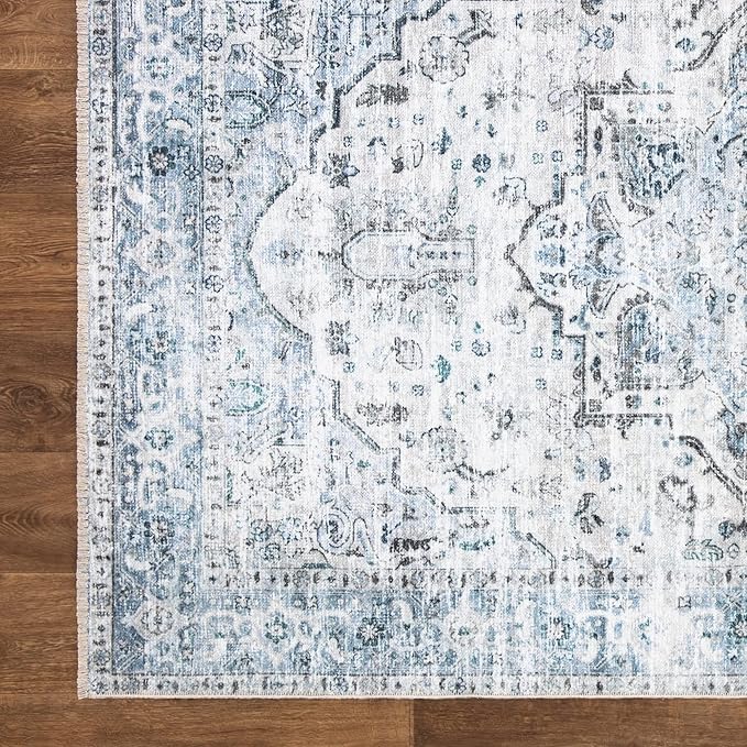 Bloom Rugs Caria Washable Non-Slip 8x10 Rug - Ivory/Blue/Gray Traditional Area Rug for Living Room, Bedroom, Dining Room, and Kitchen - Exact Size: 7'8" x 10'