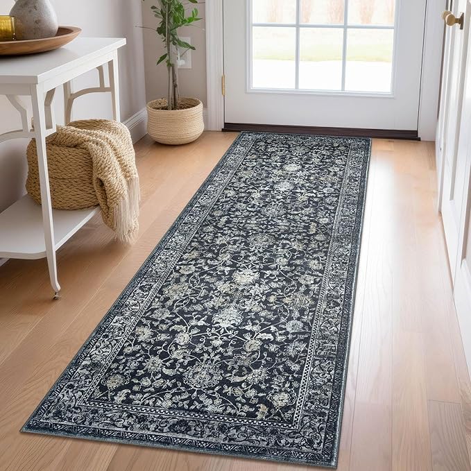 KILOCOCO Hallway Runner 2x6 Rug Runner Printed Vintage Floral Washable Kitchen Runners Non-slip Rubber Backed Runners for Hallways Laundry Room Distressed Boho Rugs for Entryway Bedroom, Navy/Charcoal