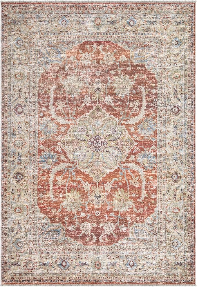 Bloom Rugs Caria Washable Non-Slip 4x6 Rug - Orange/Olive Beige Traditional Area Rug for Living Room, Bedroom, Dining Room, and Kitchen - Exact Size: 4' x 6'