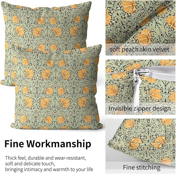 William Morris Pillow Covers 18x18 Inch Orange Floral Botanical Print Pillow Protectors with Zipper Standard Size Vintage Flower Antique Pillow Cases Mid Century Modern Bed Pillow Covers Set of 2
