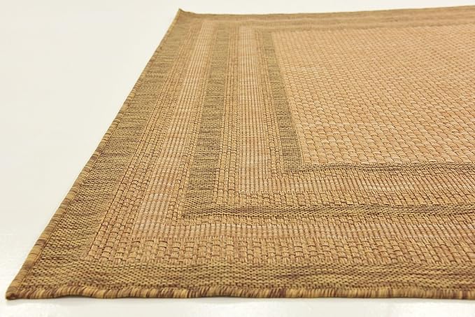Unique Loom Outdoor Border Collection Area Rug - Multi Border (5' 4" Square, Tan/ Light Brown)