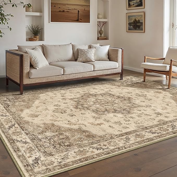 Brown Area Rug 6x9 Washable Vintage Carpet for Living Room Bedroom Large Soft Retro Low Pile Thin Indoor Rug Non Slip Oriental Medallion Floor Cover for Dining Room Office