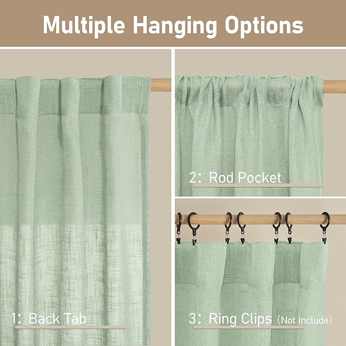 LAMIT Fresh Green Linen Curtains 45 Inch Length 2 Panels, Light Filtering Panels Back Tab and Rod Pocket Country Decor Drapes for Kitchen/Window/Loft Room/Bedroom, 34 x 45 Inch