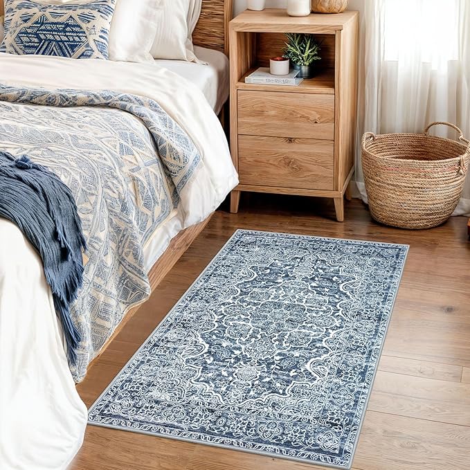 KUT Entryway Rugs Indoor Non-Slip Washable Small Area Rug 2x3 Blue Entrance Carpet Soft Printed Vintage Floral Distressed Tribal Farmhouse Low-Pile Door Mat for Bedroom Kitchen