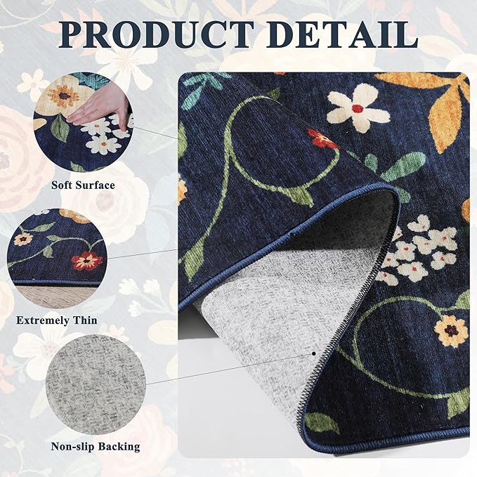 DUKINO 2x3 Rugs for Entryway, Floral Indoor Washable Door Mat, Non Slip Boho Small Rug for Kitchen, Soft Low Pile Front Door Throw Rug for Entrance, Bedroom, Kitchen, Laundry, Bathroom, Dark Blue