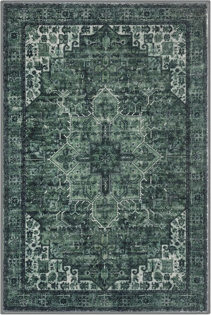 3x5 Washable Area Rug for Entryway, Dark Green Soft Medallion Printed Rug with Non-Slip, Low-Pile Vintage Boho Area Rugs for Living Room Bedroom Dining, Dorm Carpet with Non-Shedding
