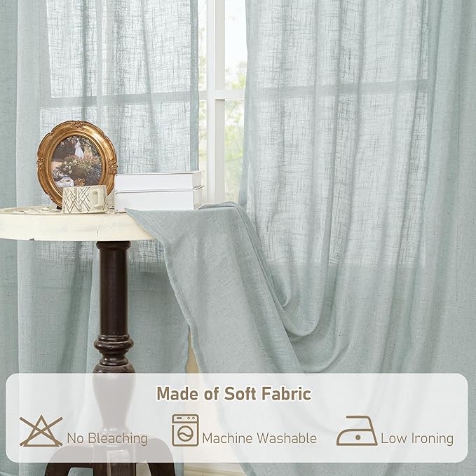LAMIT Greyish Blue Linen Boho Curtains 80 inch Length 2 Panels, Light Filtering Semi Sheer Panels Back Tab and Rod Pocket Neutral Drapes for Bedroom/Living Room, 34 x 80 Inch