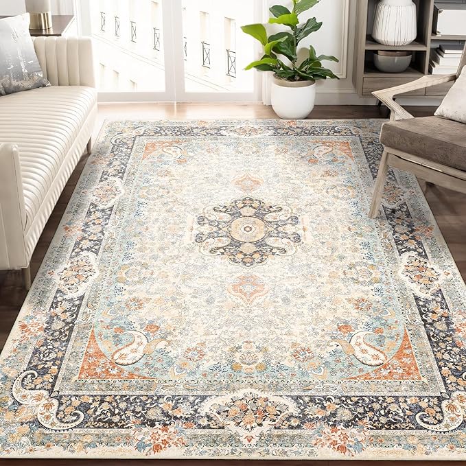 5x7 Area Rugs Washable,Vintage Rug for Living Room Bedroom Kitchen,Large Boho Bohemian Distressed Carpet Non Slip,Retro Blue Grey Floral