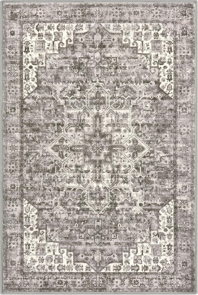 2x3 Washable Rugs for Entryway, Taupe Soft Traditional Printed Area Rug, Non-Slip Low-Pile Medallion Indoor Door Mat, Farmhouse Carpet for Entrance Kitchen Foyer Bedside