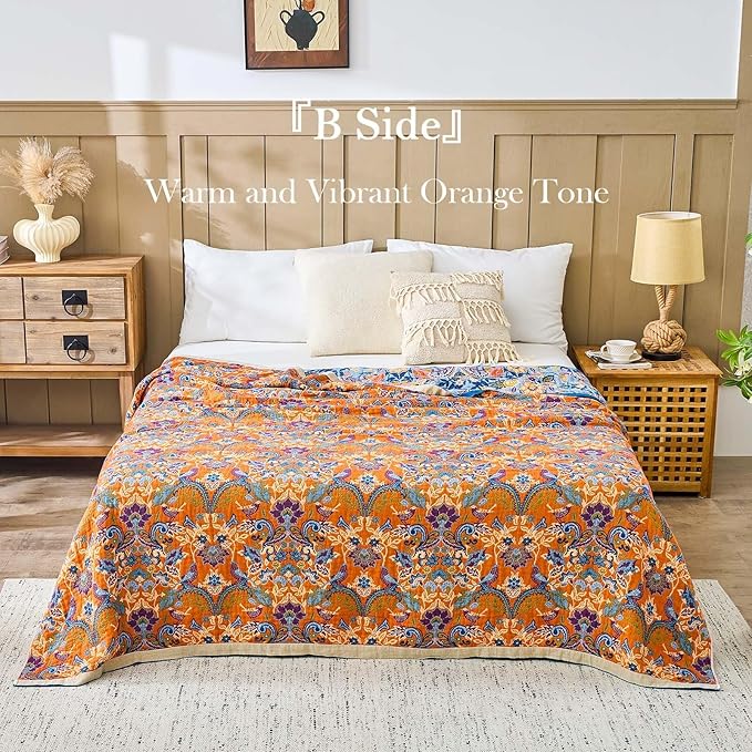 Blue Orange Fall Blanket 80"x 90" Boho Throw Blankets for Couch Bed Chair, 100% Cotton Quilts Warm Soft Blanket Muslin Bed Blankets Home Decor Farmhouse Warm Throws Gifts for Women Mom