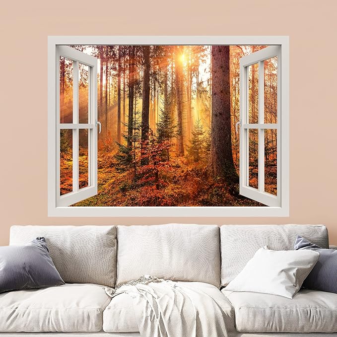 wall26 Removable Wall Sticker/Wall Mural Window View Autumn Fall Season Sunlight Tree Forest Wilderness Nature Photography Realism Rustic Landscape Colorful for Living Room, Bedroom, Office - 36"x48"