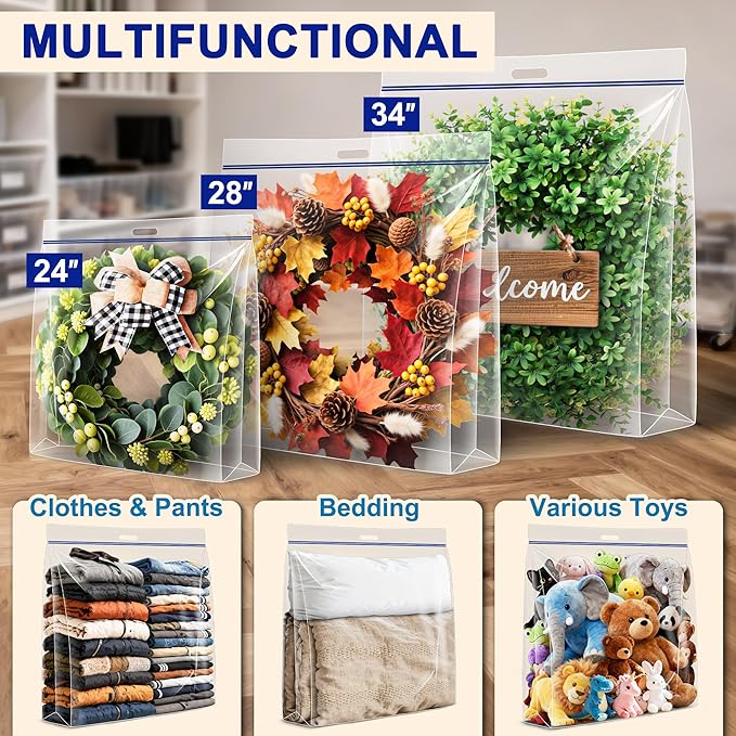 Extra Large Wreath Storage Bag, 24"x24"x7", Clear Storage Bag with Handle, Summer Christmas Decoration Garland Container for Seasonal Thanksgiving Holiday Artificial Wreath, 4 Pack