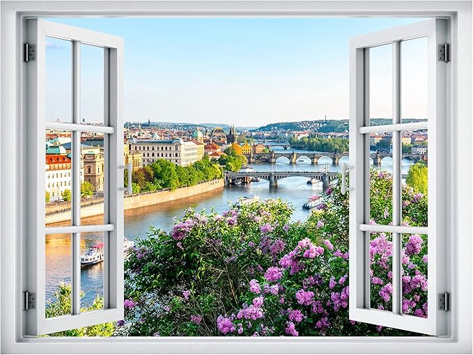 SIGNWIN Removable Wall Sticker/Wall Mural Window View Italian Flower Field Cityscape Nature Wilderness Photography Realism Decorative Landscape Digital Art for Living Room, Bedroom, Office - 36"x48"