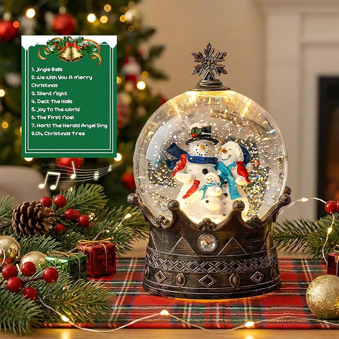 Christmas Snow Globe Lantern Water Glittering Snowman Family Crown with Music, USB Lined/Battery Operated Lighted Lantern for Christmas Festival Decoration Gifts