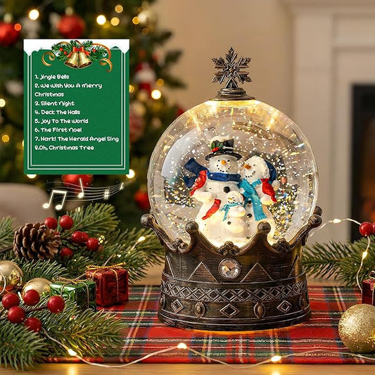 Christmas Snow Globe Lantern Water Glittering Snowman Family Crown with Music, USB Lined/Battery Operated Lighted Lantern for Christmas Festival Decoration Gifts