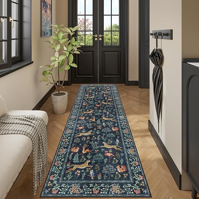DUKINO 2x10 Rug for Hallway, Washable Kitchen Runner Rug with Non Slip Backing, Soft Low Pile Vintage Animal Runner for Bedroom, Kitchen, Hallway, Entryway, Laundry, Navy Blue