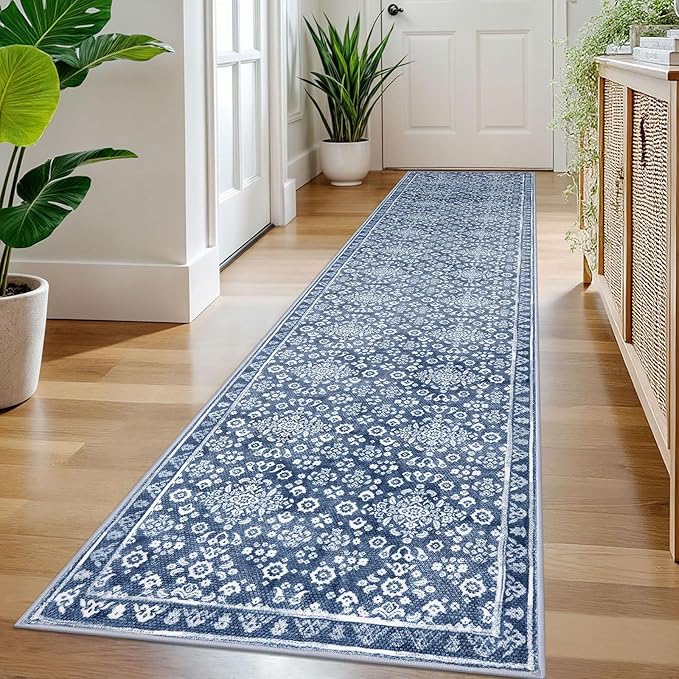 Vintage Runner Rugs for Hallway 2x10, Denim Blue White Washable Long Hallway Runner Rug Non Slip, Super Soft Kitchen Runner Rug, Printed Faux Wool Thin Carpet Runner for Entryway Bedroom