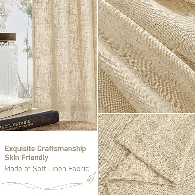 LAMIT Light Filtering Linen Curtains 80 inches Long for Bedroom, Faux Linen Textured Semi Sheer Back Tab and Rod Pocket Burlap Boho Modern Drapes for Living Room/Farmhouse, 2 Panels, 52 x 80 Inch