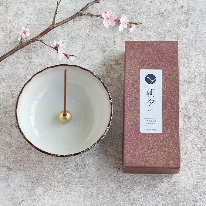 Asayu Japan Low Smoke Incense Gift Set with Incense Holder and Brass Stand, Premium Sakura Cherry Blossom Blends Set Incense Sticks with Pastel Pink Lotus Incense Holder