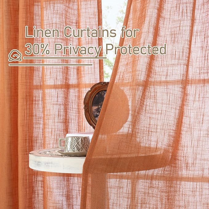 LAMIT Burnt Orange Linen Curtains 45 Inch Length 2 Panels, Light Filtering Panels Back Tab and Rod Pocket Country Decor Drapes for Kitchen/Window/Loft Room/Bedroom, 34 x 45 Inch
