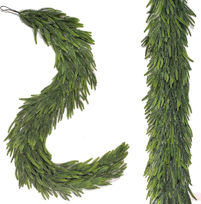 2 Pcs 6 Ft Christmas Garland Real Touch Norfolk Pine Garland Christmas Decorations Faux Realistic Winter Pine Garlands for Mantle, Table, Stairs, Doorframe, Fireplace Indoor Outdoor Holiday Xmas Decor