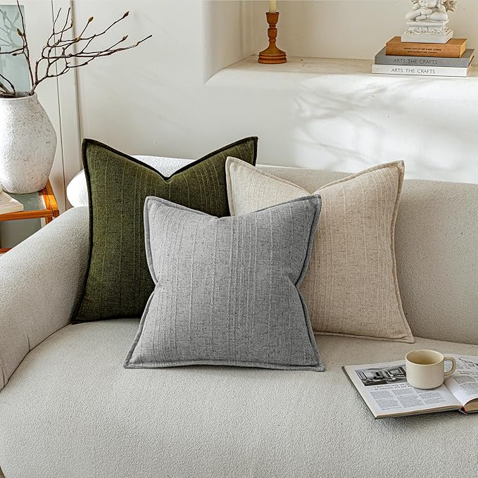 a moment Linen Pillow Covers Set of 2,Boho Farmhouse Throw Pillowcases Neutral Textured Decorative Covers for Couch Sofa,Soft Linen Blend Accent Case Cushion Living Room Home Decor 22"x22"Sky Gray
