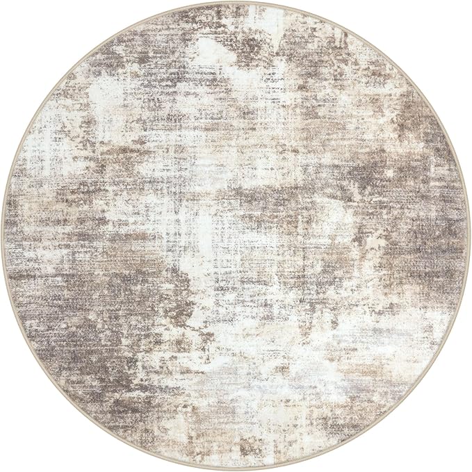 IOHOUZE Abstract Round Area Rug 6 Ft Washable Circle Rugs Large Round Rug Non Slip Thin Soft Circle Rugs, Printed Faux Wool Floor Carpet for Bedroom Living Room Dining Room Nursery, Beige Brown