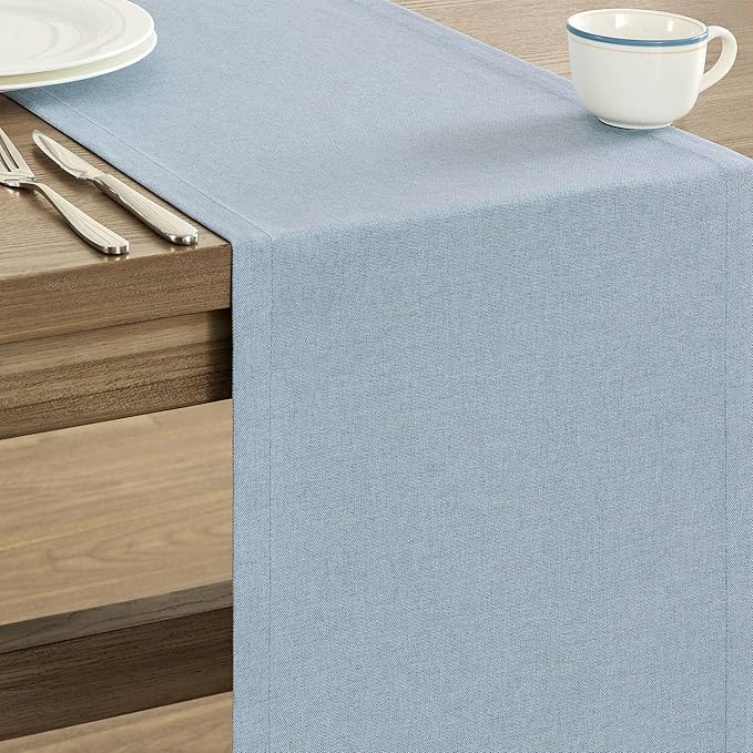 ZeeMart Basic Linen Style Table Runner, 14 x 108 Inch Blue Chambray, Rustic Farmhouse Light Dusty Blue Table Runners 108 Inches Long, Everyday Polyester Table Runner - Machine Washable & Easy Care