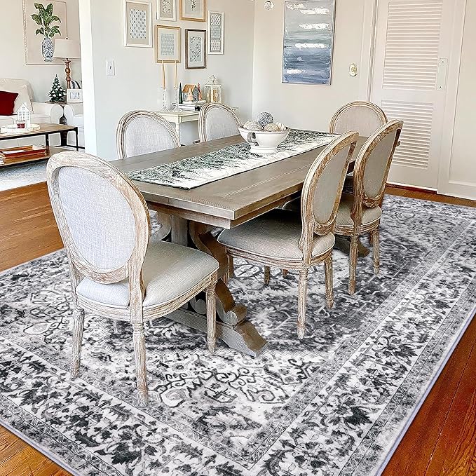 KOZYFLY Boho Area Rug 5x7 Ft Thin Rugs for Living Room Washable Bedroom Rug Non Slip Rugs for Living Room Printed Faux Wool Bedroom Rug Floor Carpet for Dining Room, Grey