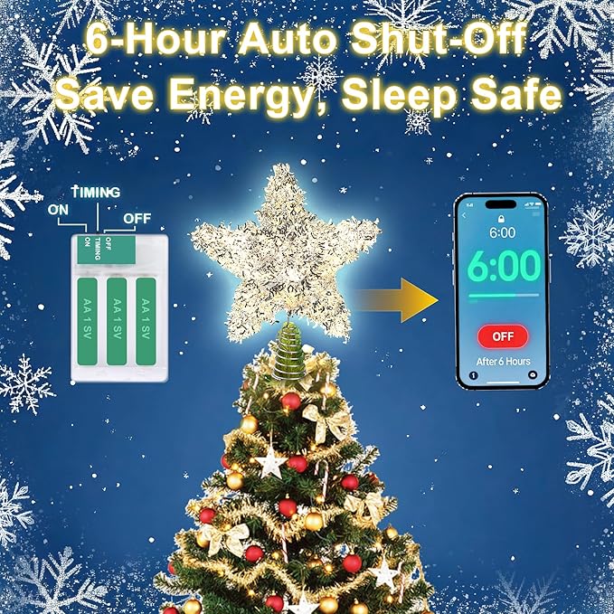 LAWOHO Christmas Tree Topper Star, Exquisite Christmas Decor, 10 Inch Shiny Silver Christmas Tree Decoration with 6H Timer, 20 Warm LED Lights for Xmas Tree, Holiday & Party, Indoor Decor