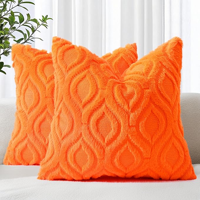 decorUhome Throw Pillow Covers 18x18 Inch Set of 2, Soft Plush Faux Wool Orange Solid Couch Pillow Covers, Accent Farmhouse Neutral Square Pillow Cases for Sofa Bed Living Room