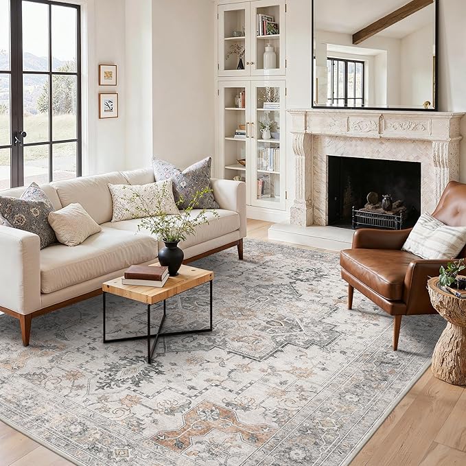 6x9 Area Rugs for Living Room, Machine Washable Low Pile Rugs, Non Alip Vintage Rug for Bedroom, Dining Room, Home Office, Light Taupe Brown