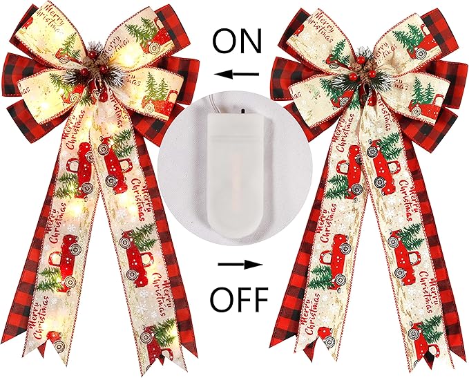 Christmas Tree Topper Bow with 30 LED Lights Decorations, 13”x25” Xmas Large Red Black Buffalo Plaid Rustic Farmhouse Wreath Bows with Truck Berries Pine Cones Pine Needles for Front Door Outdoor