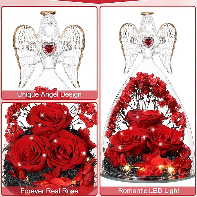 Mothers Day Rose Gifts for Women, Large Angel Figurines with Real Roses, Preserved Real Flower Rose for Her, Crystal Red