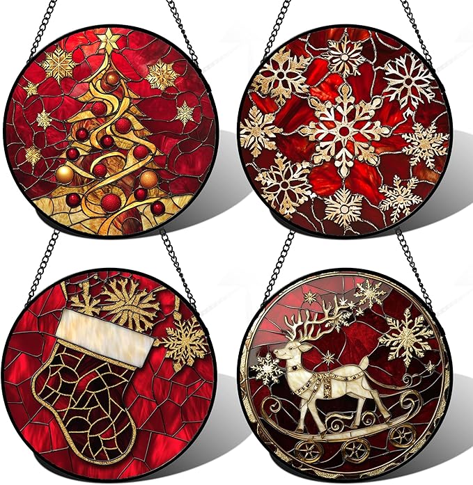 Stained Glass Window Hanging 4 Pcs Set Red Christmas Elk Snowflakes 6.3" - Deer Suncatcher Door Garden Sun Catcher Decor Birthday for Mom Woman Nana Men Friend