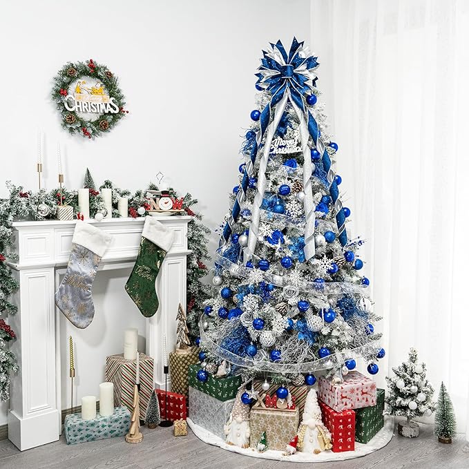Christmas Tree Topper Bow, 53x13 Inches Large Christmas Bow with Glitter Streamer, Decorative Ribbon Bows for Xmas Tree Wreath Door Festival Home Decor(Blue & Silver)
