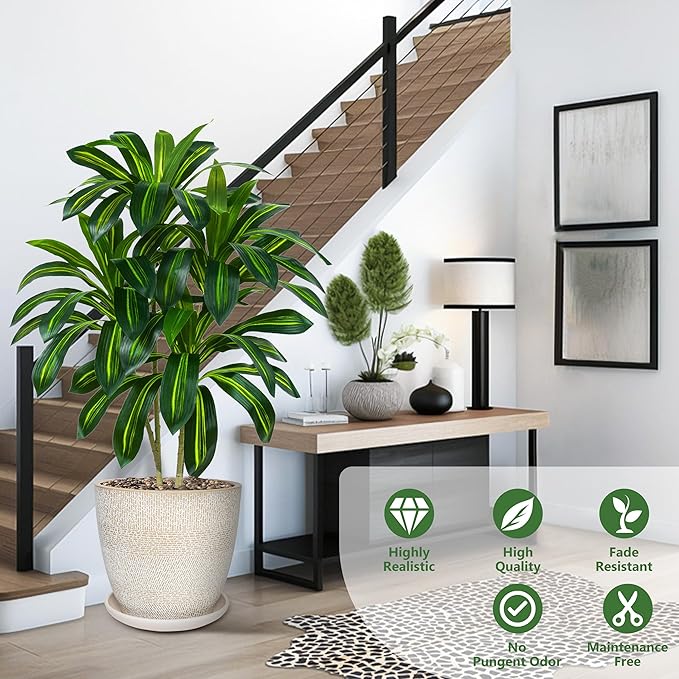 Artificial Dracaena Plant 4FT Tall - Fake Tree with White Planter - Faux Yucca Tall Fake Floor Plant in Pot - Artificial Trees for Home Bedroom Office Indoor Living Room Decoration