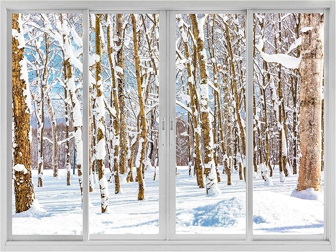 wall26 Removable Wall Sticker/Wall Mural Window View Snowy Winter Mountain Forest Trees Wilderness Nature Photography Realism Rustic Landscape Colorful for Living Room, Bedroom, Office - 36"x48"