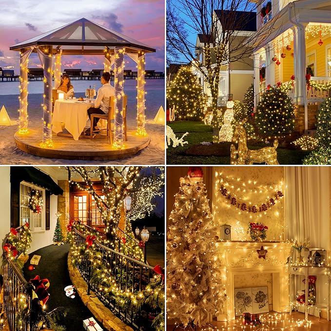 328FT 1000 LED Christmas Lights Outdoor Waterproof, Timer & Memory Function, 8 Modes Warm White String Lights Plug in Twinkle Lights for Xmas Tree Holiday Garden Party Decor