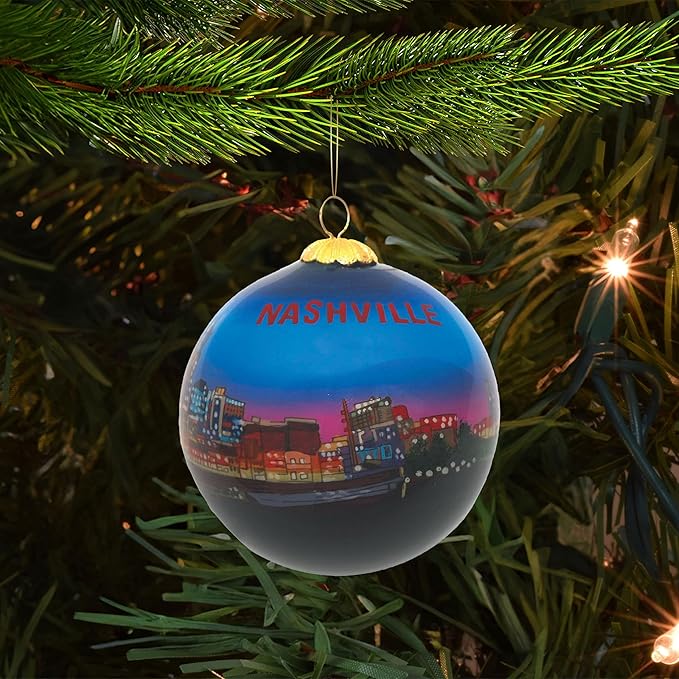Hand Painted Christmas Ornament, Blown Glass, Hanging Tree Ornament, Holiday Decor, Nashville Tennessee, Skyline Night