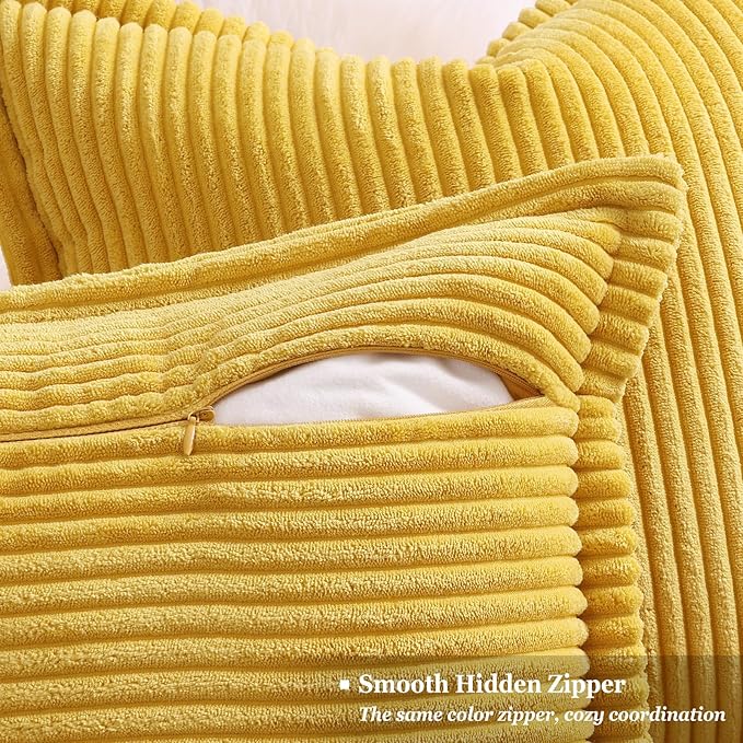 decorUhome Corduroy Mustard Yellow Throw Pillow Covers 24x24 Set of 2 Decorative Soft Boho Farmhouse Euro Couch Pillow Covers for Living Room Bed Sofa Broadside Striped Pillow Cases