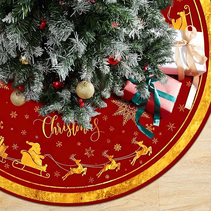 Christmas Tree Skirt 36 Inch, Gold Santa Reindeer Snowflake Merry Xmas Decor, Winter Christmas Tree Mat for Home Party Holiday Indoor Outdoor Decorations